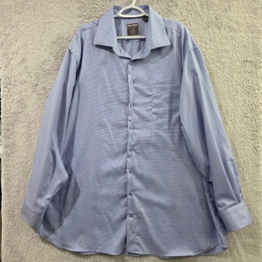 Proper Shirtings Dress Shirt 19 36/37 Blue Micro Check Cotton Wrinkle Free